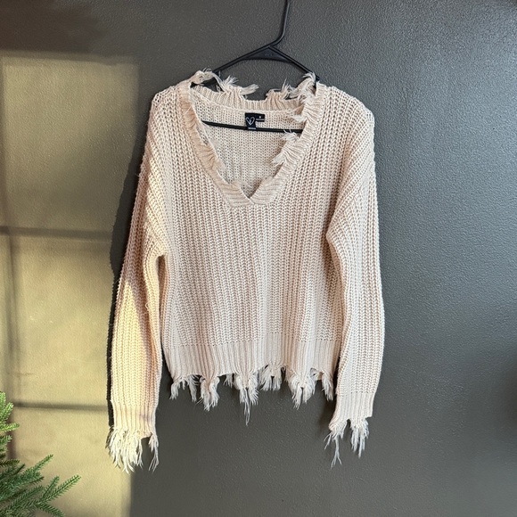 Windsor Sweaters - Windsor Distressed Cream V-Neck Sweater